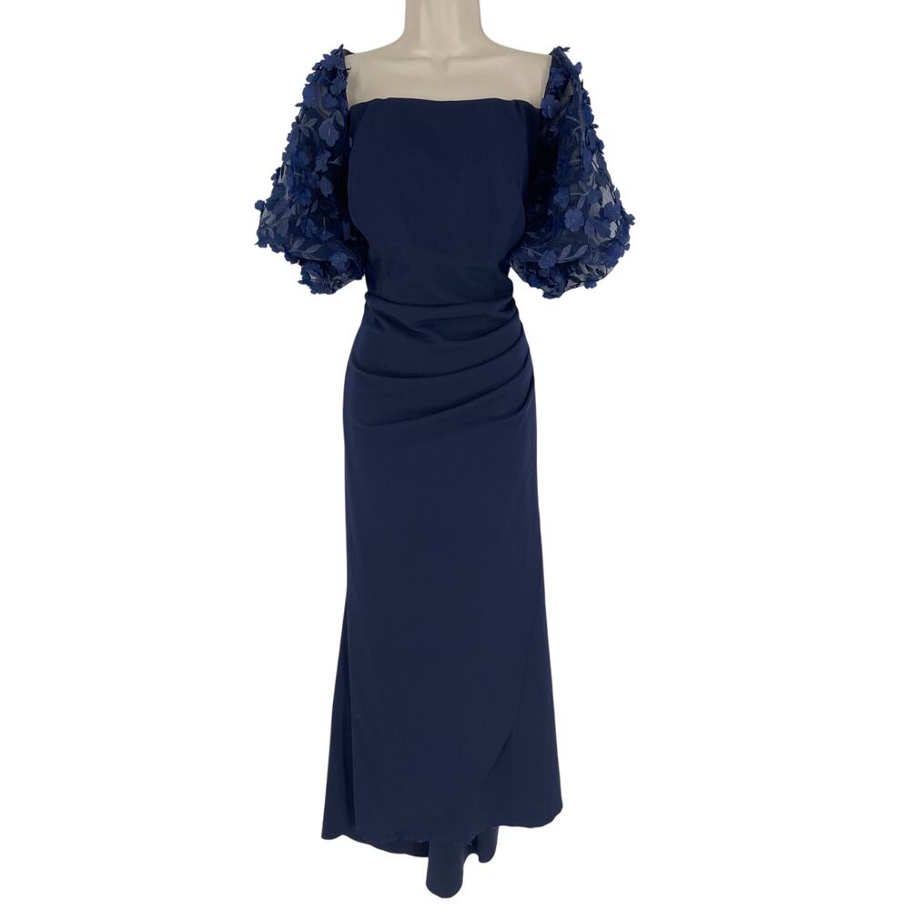 Xscape Navy Blue Midi Dress with Floral Sleeves